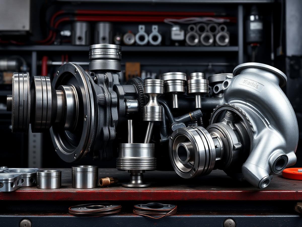 Heavy machinery engine parts including crankshaft, pistons and turbocharger