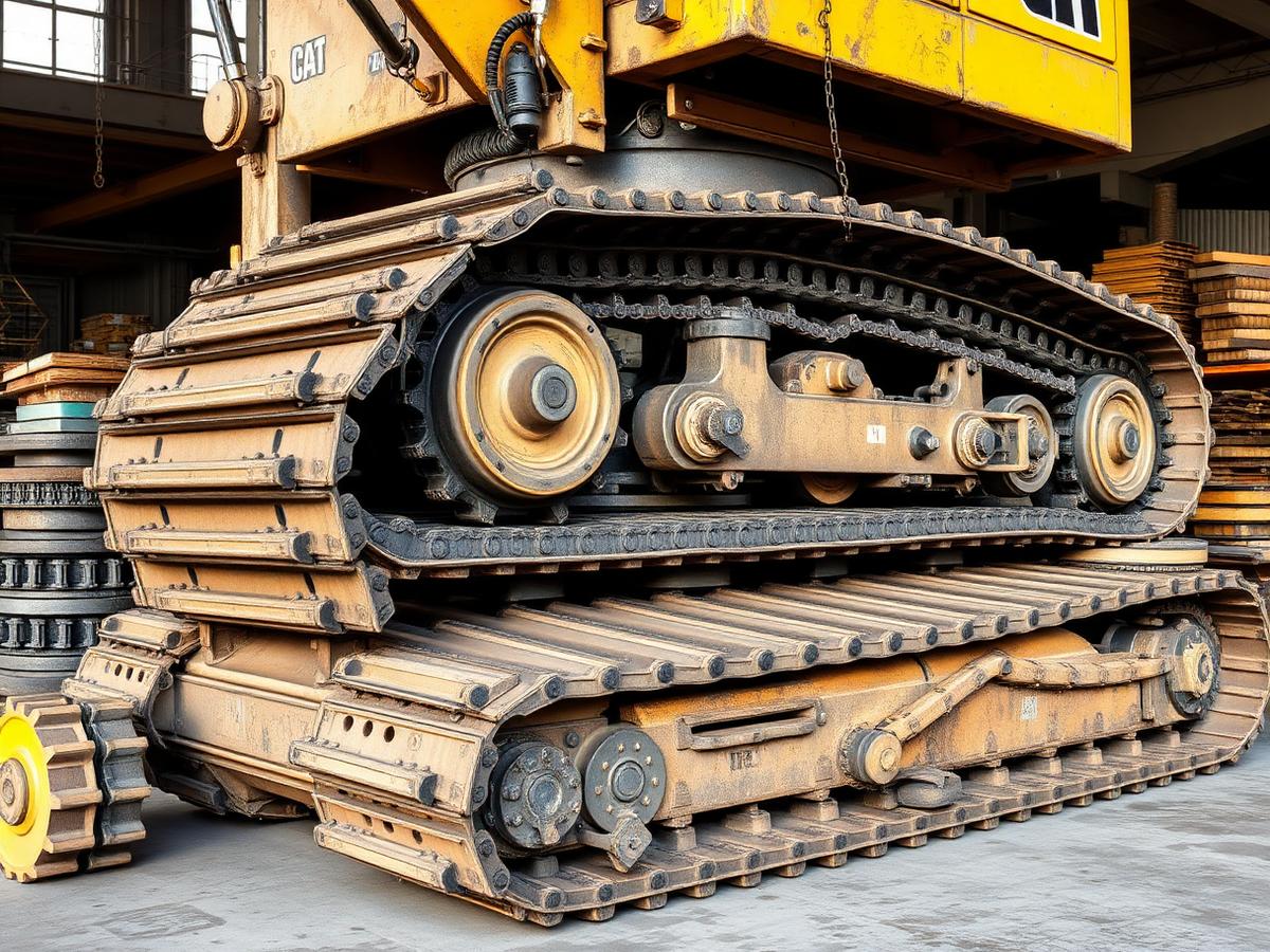 Excavator undercarriage with track chains, rollers and sprockets
